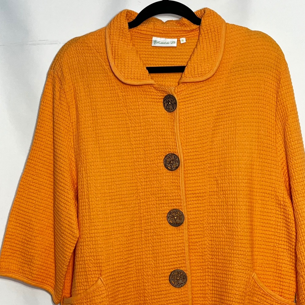 Lulu-B Orange Waffle Knit Cotton Cardigan Jacket Womens XL 3/4 Sleeve Pockets - Picture 3 of 8